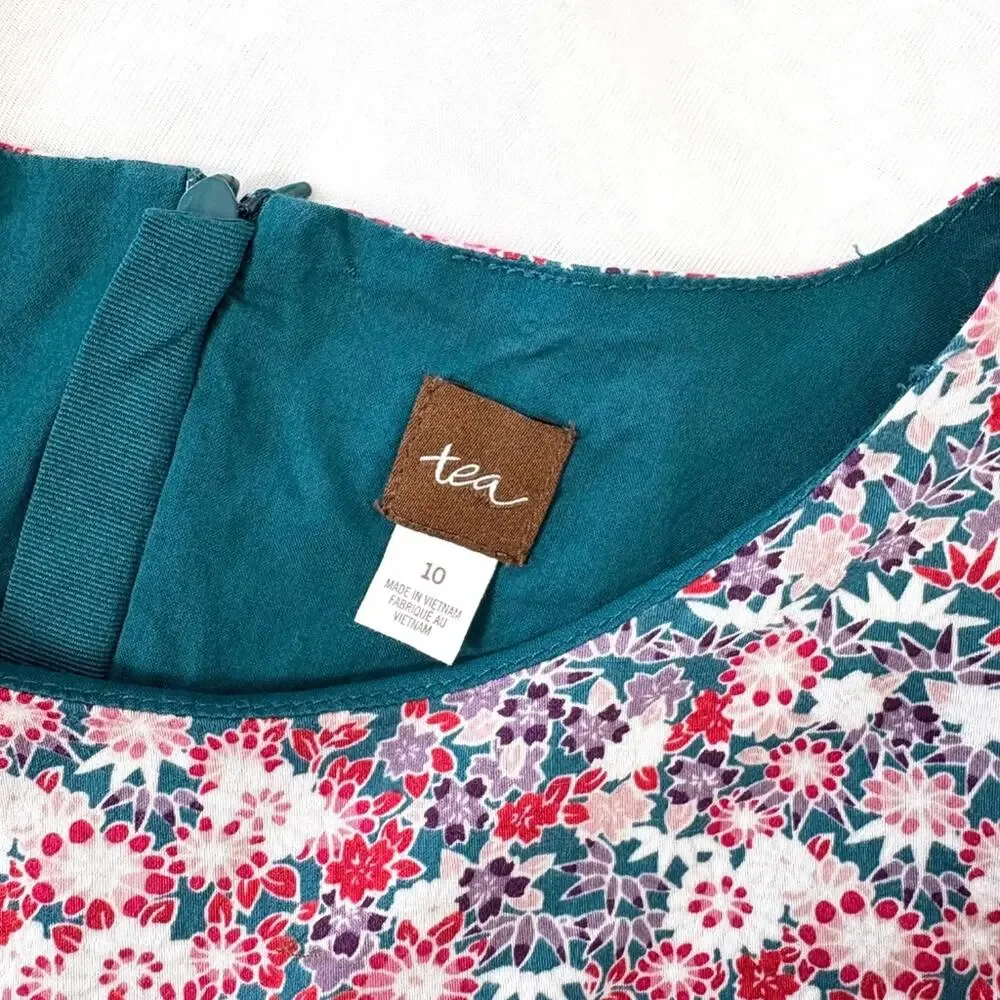 Tea Collection Sleeveless Floral Dress Girls 10 Pink Teal Woven 100% Cotton